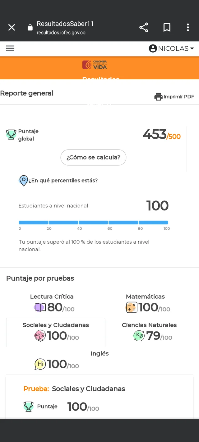Resultado ICFES de un estudiante de Grupo500