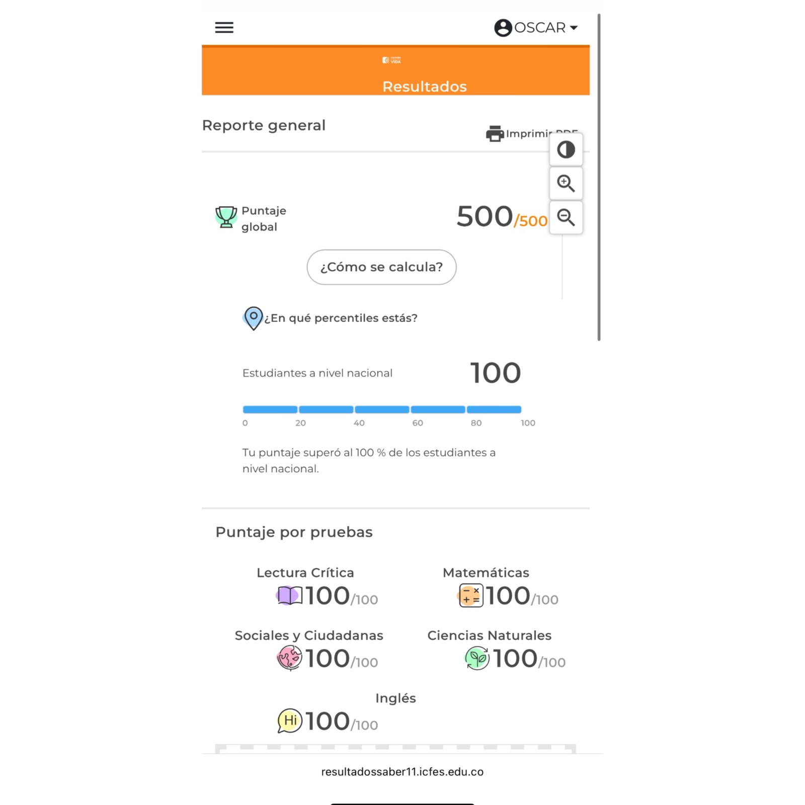 Resultado ICFES de un estudiante de Grupo500